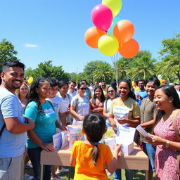 A creative and vibrant celebration of 'Insurance Day', featuring a diverse group of people in a park setting, smiling and engaging in fun activities related to insurance education