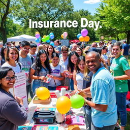 A creative and vibrant celebration of 'Insurance Day', featuring a diverse group of people in a park setting, smiling and engaging in fun activities related to insurance education