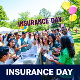 A creative and vibrant celebration of 'Insurance Day', featuring a diverse group of people in a park setting, smiling and engaging in fun activities related to insurance education