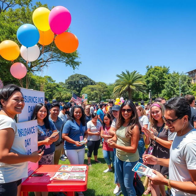 A creative and vibrant celebration of 'Insurance Day', featuring a diverse group of people in a park setting, smiling and engaging in fun activities related to insurance education