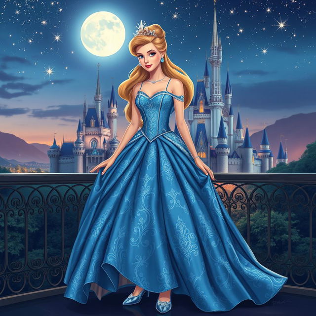 A modern, stylish interpretation of Cinderella in a stunning gown made of shimmering blue fabric with intricate silver patterns, standing on a balcony overlooking a magical kingdom at twilight