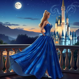 A modern, stylish interpretation of Cinderella in a stunning gown made of shimmering blue fabric with intricate silver patterns, standing on a balcony overlooking a magical kingdom at twilight