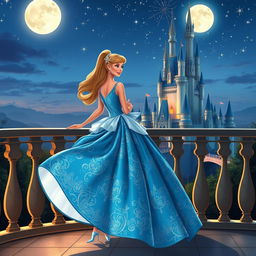 A modern, stylish interpretation of Cinderella in a stunning gown made of shimmering blue fabric with intricate silver patterns, standing on a balcony overlooking a magical kingdom at twilight