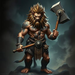 A fearsome half-human, half-lion barbarian stands boldly, radiating an aura of evil and power