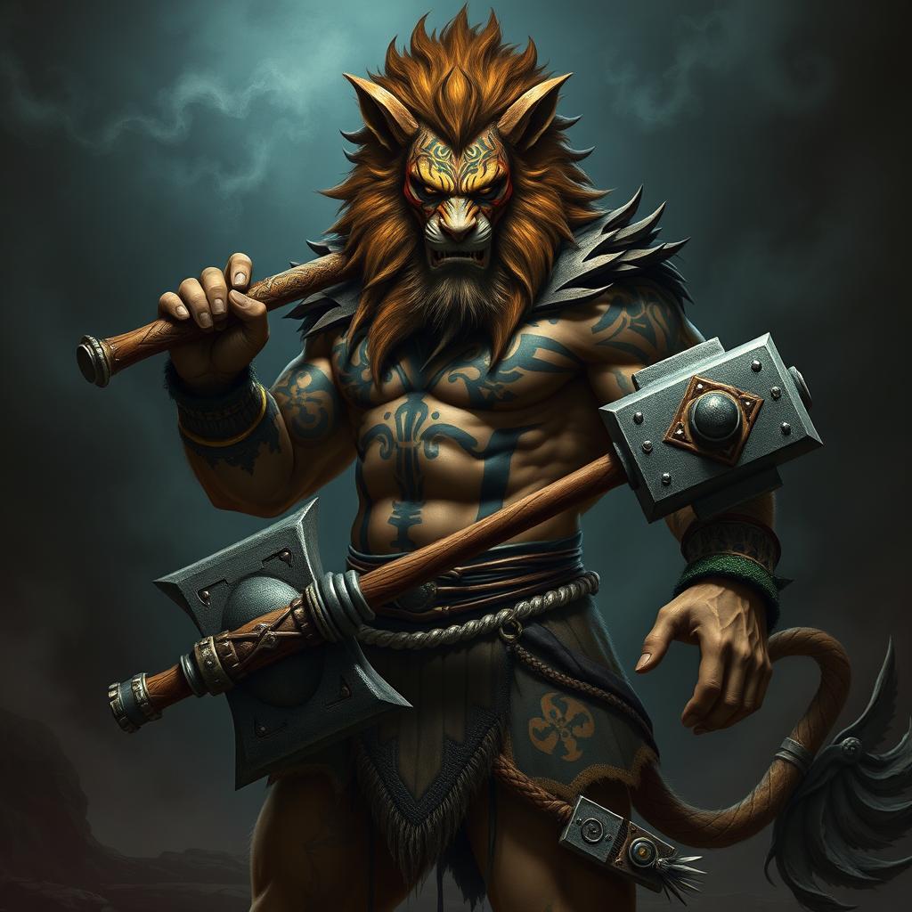 A fearsome half-human, half-lion barbarian stands boldly, radiating an aura of evil and power