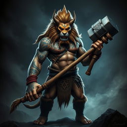 A fearsome half-human, half-lion barbarian stands boldly, radiating an aura of evil and power