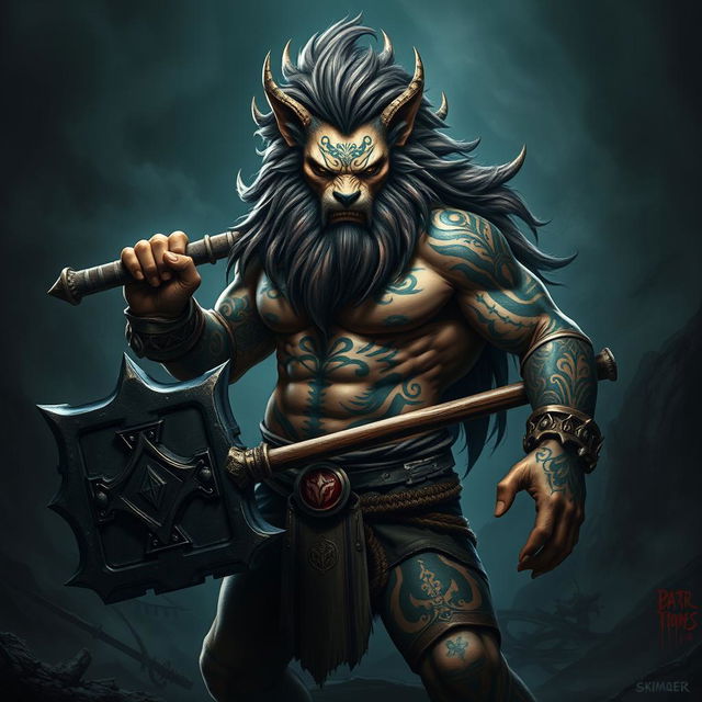 A fearsome half-human, half-lion barbarian stands boldly, radiating an aura of evil and power