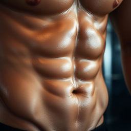 A close-up of sculpted, defined abdominal muscles on a fit individual, glistening with a sheen of sweat, the lighting highlighting the contours and definition