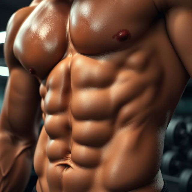 A close-up of sculpted, defined abdominal muscles on a fit individual, glistening with a sheen of sweat, the lighting highlighting the contours and definition