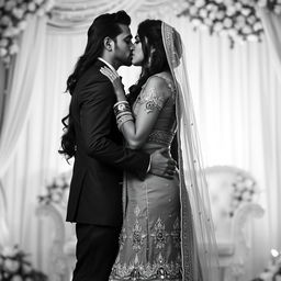An evocative black and white image capturing a sensual Indian bride, tall and confident, with a stunning figure
