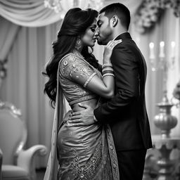 An evocative black and white image capturing a sensual Indian bride, tall and confident, with a stunning figure