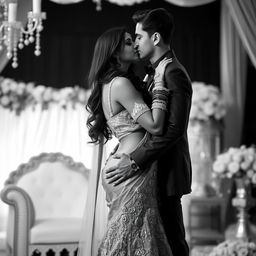 An evocative black and white image capturing a sensual Indian bride, tall and confident, with a stunning figure