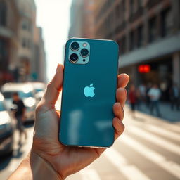 A sleek, modern hand holding an iPhone 14, showcasing its elegant design with a glass back, flat edges, and vibrant display