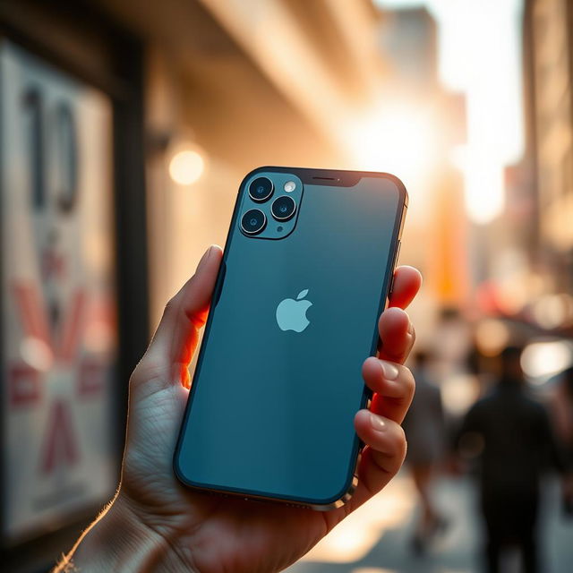 A sleek, modern hand holding an iPhone 14, showcasing its elegant design with a glass back, flat edges, and vibrant display