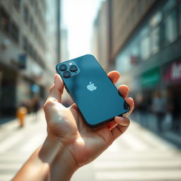 A sleek, modern hand holding an iPhone 14, showcasing its elegant design with a glass back, flat edges, and vibrant display