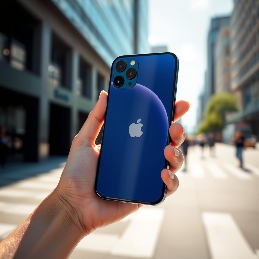 A sleek, modern hand holding an iPhone 14, showcasing its elegant design with a glass back, flat edges, and vibrant display