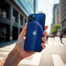 A sleek, modern hand holding an iPhone 14, showcasing its elegant design with a glass back, flat edges, and vibrant display