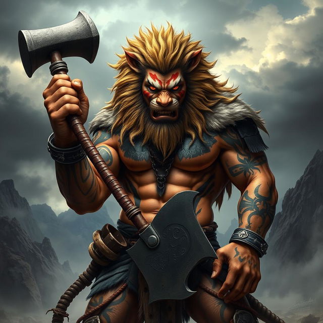 A fearsome half-human, half-lion barbarian, radiating an aura of malevolence, stands boldly while gripping a massive war hammer with both hands