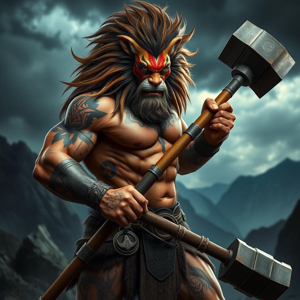 A fearsome half-human, half-lion barbarian, radiating an aura of malevolence, stands boldly while gripping a massive war hammer with both hands