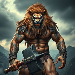 A fearsome half-human, half-lion barbarian, radiating an aura of malevolence, stands boldly while gripping a massive war hammer with both hands