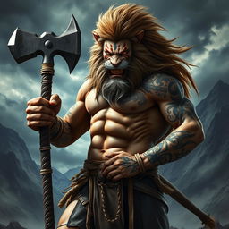 A fearsome half-human, half-lion barbarian, radiating an aura of malevolence, stands boldly while gripping a massive war hammer with both hands