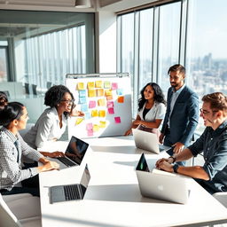 A dynamic project management setting, featuring a diverse team of professionals collaborating around a modern conference table