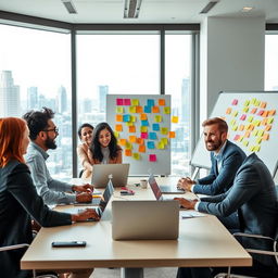 A dynamic project management setting, featuring a diverse team of professionals collaborating around a modern conference table