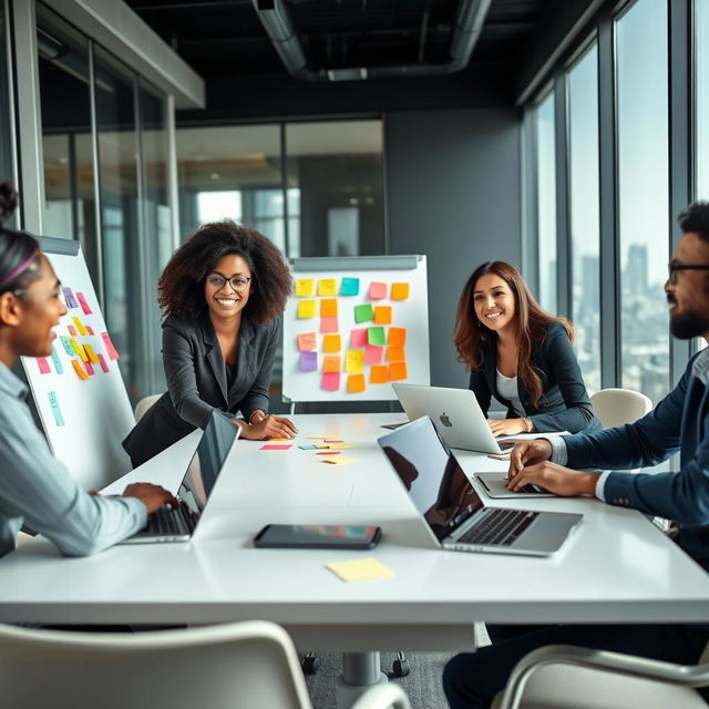 A dynamic project management setting, featuring a diverse team of professionals collaborating around a modern conference table