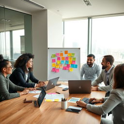 A dynamic project management setting, featuring a diverse team of professionals collaborating around a modern conference table