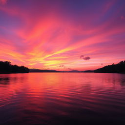 A high-quality image featuring a vibrant sunset over a serene lake, with colorful reflections on the water's surface