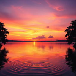 A high-quality image featuring a vibrant sunset over a serene lake, with colorful reflections on the water's surface