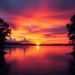 A high-quality image featuring a vibrant sunset over a serene lake, with colorful reflections on the water's surface
