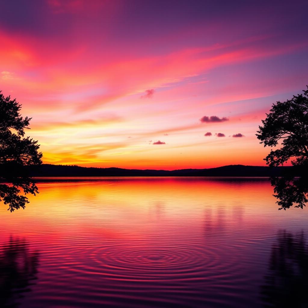 A high-quality image featuring a vibrant sunset over a serene lake, with colorful reflections on the water's surface