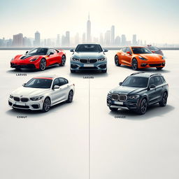 An informative and visually engaging image depicting various types of cars, showcasing different makes and models from around the world