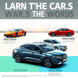An informative and visually engaging image depicting various types of cars, showcasing different makes and models from around the world