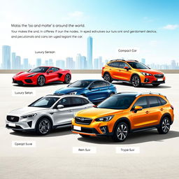 An informative and visually engaging image depicting various types of cars, showcasing different makes and models from around the world