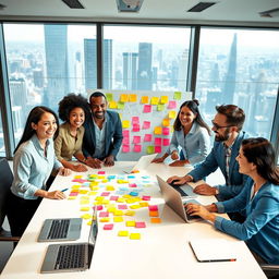 A vibrant project management scene featuring a collaborative team of professionals