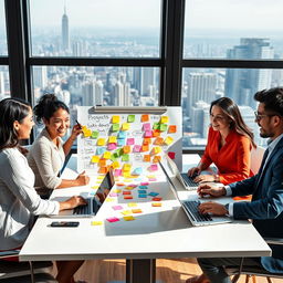 A vibrant project management scene featuring a collaborative team of professionals