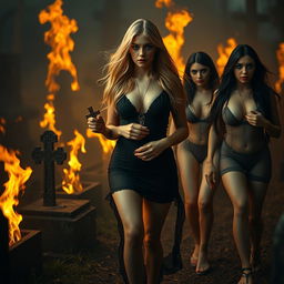 A haunting and dramatic scene featuring a sexy, sweet, innocent-looking 18-year-old girl inspired by Stevie Nicks, with a thin face and flowing blond hair