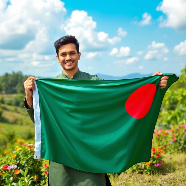 A handsome man proudly holding the Bangladesh national flag, standing in a picturesque landscape