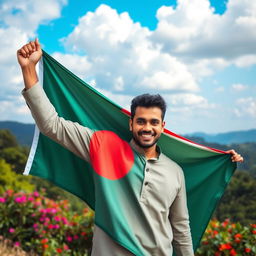 A handsome man proudly holding the Bangladesh national flag, standing in a picturesque landscape