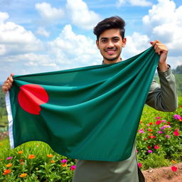 A handsome man proudly holding the Bangladesh national flag, standing in a picturesque landscape