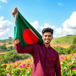 A handsome man proudly holding the Bangladesh national flag, standing in a picturesque landscape