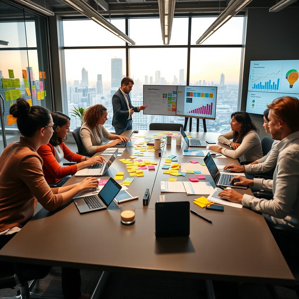 A modern office setting showcasing a diverse team actively engaged in project management discussions