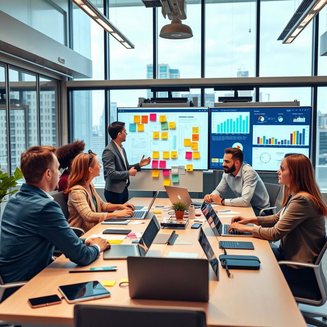 A modern office setting showcasing a diverse team actively engaged in project management discussions