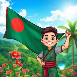 A beautiful cartoon man proudly holding the Bangladesh national flag, standing against a vibrant and beautiful background featuring lush green landscapes and a clear blue sky