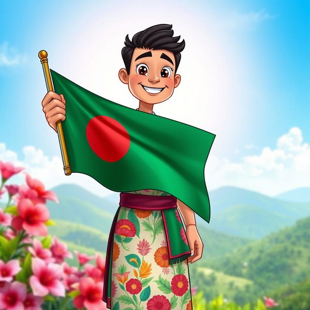 A beautiful cartoon man proudly holding the Bangladesh national flag, standing against a vibrant and beautiful background featuring lush green landscapes and a clear blue sky