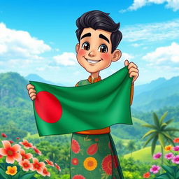 A beautiful cartoon man proudly holding the Bangladesh national flag, standing against a vibrant and beautiful background featuring lush green landscapes and a clear blue sky