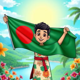 A beautiful cartoon man proudly holding the Bangladesh national flag, standing against a vibrant and beautiful background featuring lush green landscapes and a clear blue sky
