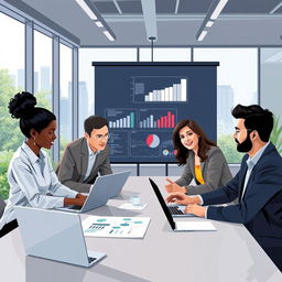 A visually engaging project management concept illustration featuring a diverse team of professionals collaborating around a large table with laptops and digital devices